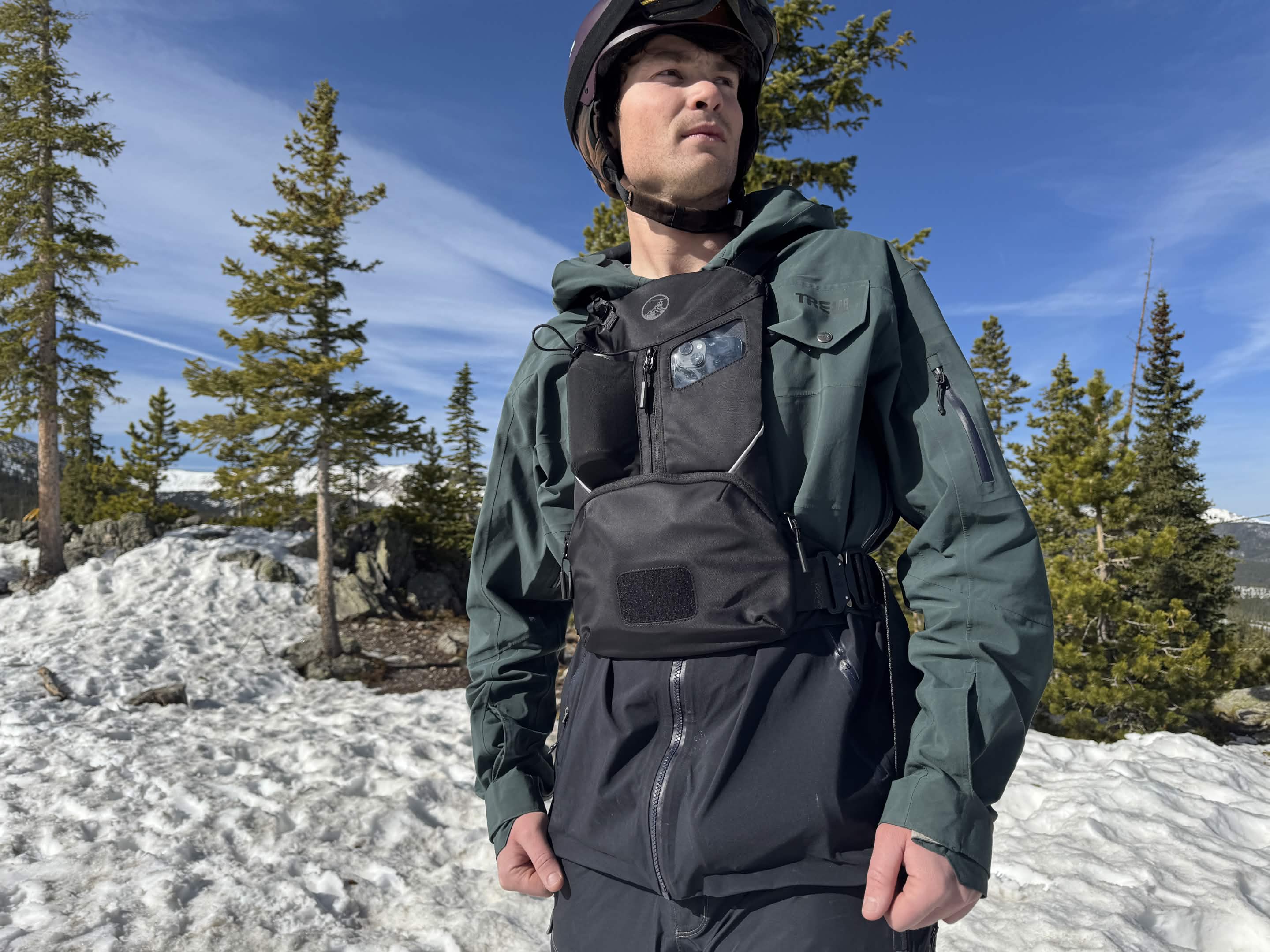 CHAIR1 front-carry vest pack worn on mountain