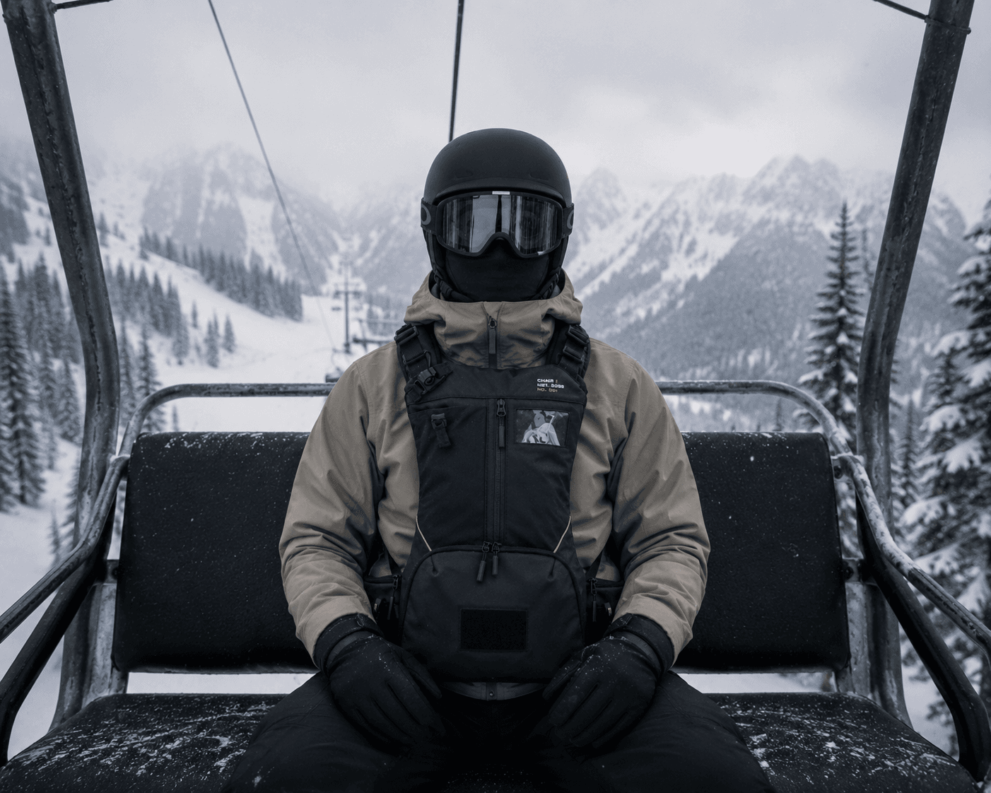 Rider on the chairlift with the CHAIR1 pack on their chest